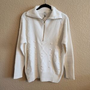 Sedge White Knit Womens Sweater with Half-Zip Size L  NWT Preppy Quiet Luxury